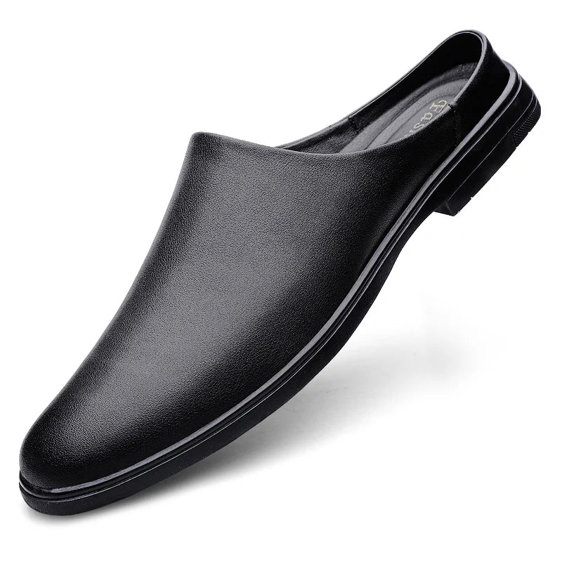 Summer Fashion Half Shoes Men Casual Comfortable Leather Shoes Half Slippers Solid White Slip On