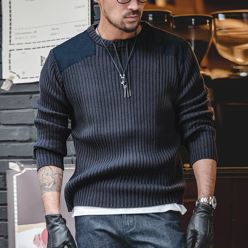 អាវយឺត Maden Vintage Vertical Stripes Splicing Jumper កមូល Slim Tactical Knit Sweater 2023 អាវប៉ាក់បុរស រដូវស្លឹកឈើជ្រុះ រដូវរងា ពណ៌ទឹកសមុទ្រ