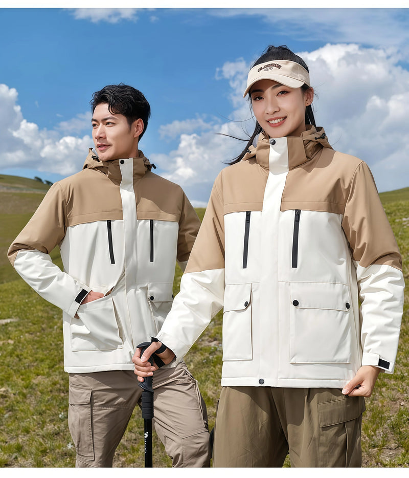 Windproof and Waterproof Detachable Cap Color-blocked workwear graphene heat-resistant integrated raincoat with fleece