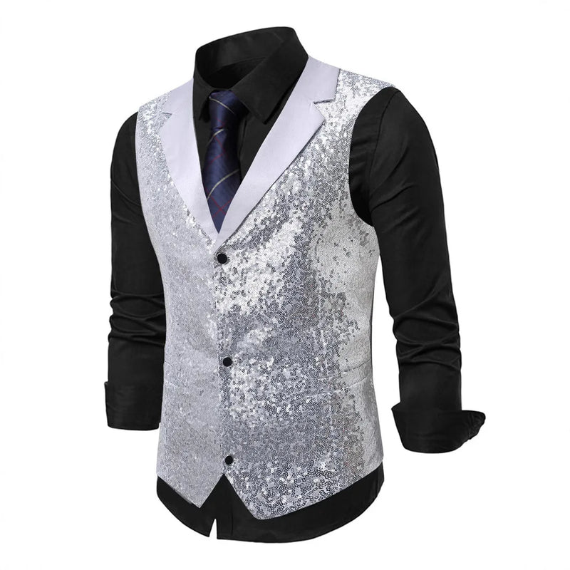 Men's Gold Sleeveless Vest Jacket with Sparkling Round Sequins; Perfect for Weddings, Parties, Performances Silver Waistcoat