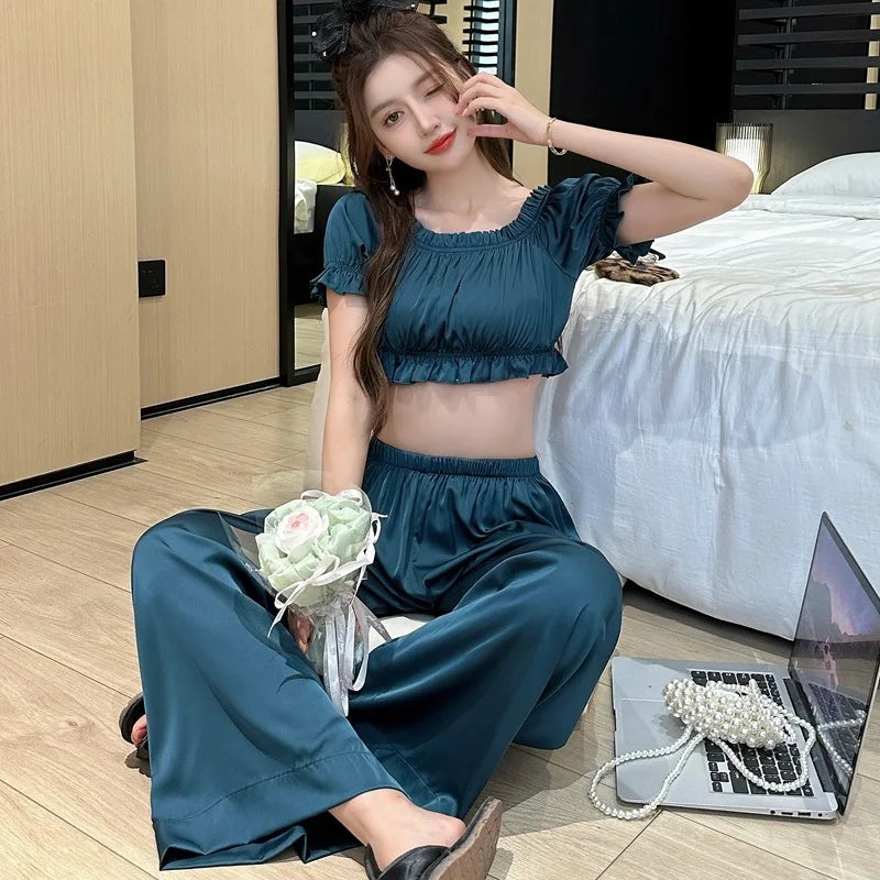 Sexy Women’s Nightwear Set Summer Pajamas for Woman Short Sleeve Long Pants 2-Piece Pyjama Sleepwear Suit Lounge Wear Pijama