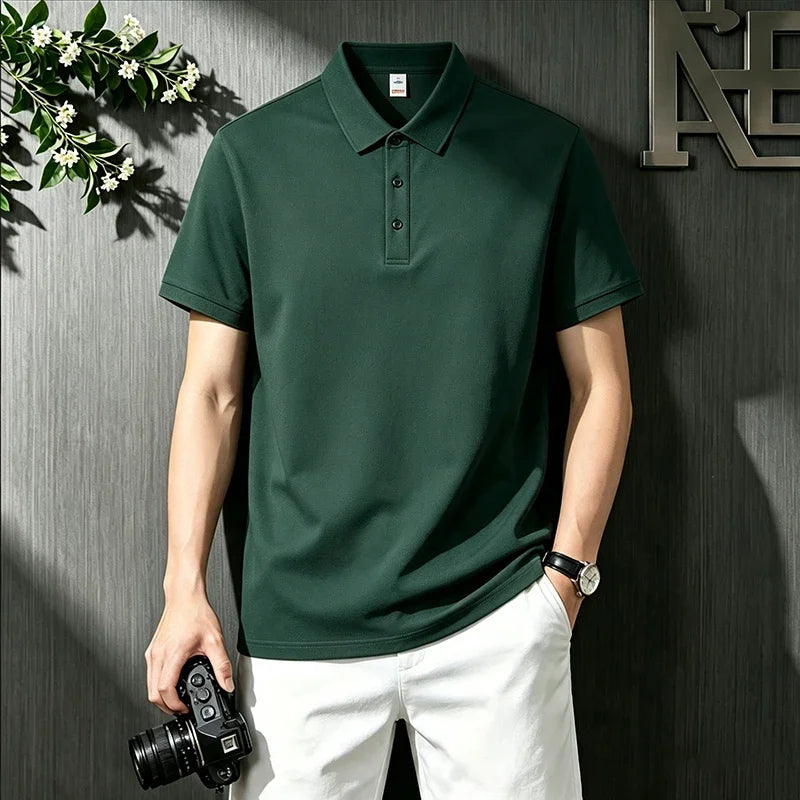 Loose Fit Short Sleeve Solid Polo For Males Turn Down Collar Button Placket Streetwear Simple Casual Wear Top