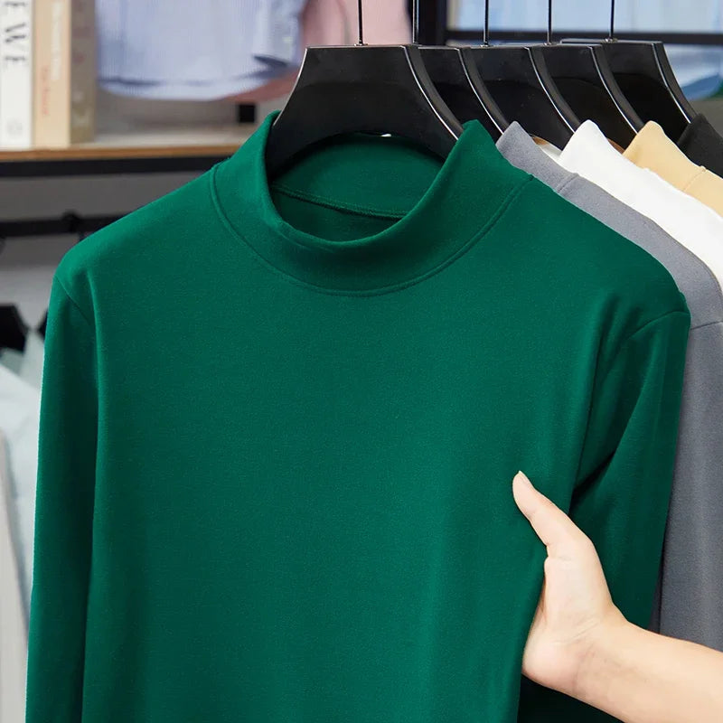 Mens Half Collar Long Sleeve Under Tops Soft Elastic Material Close Fitting Mock Neck Design Autumn Winter Daily Clothing