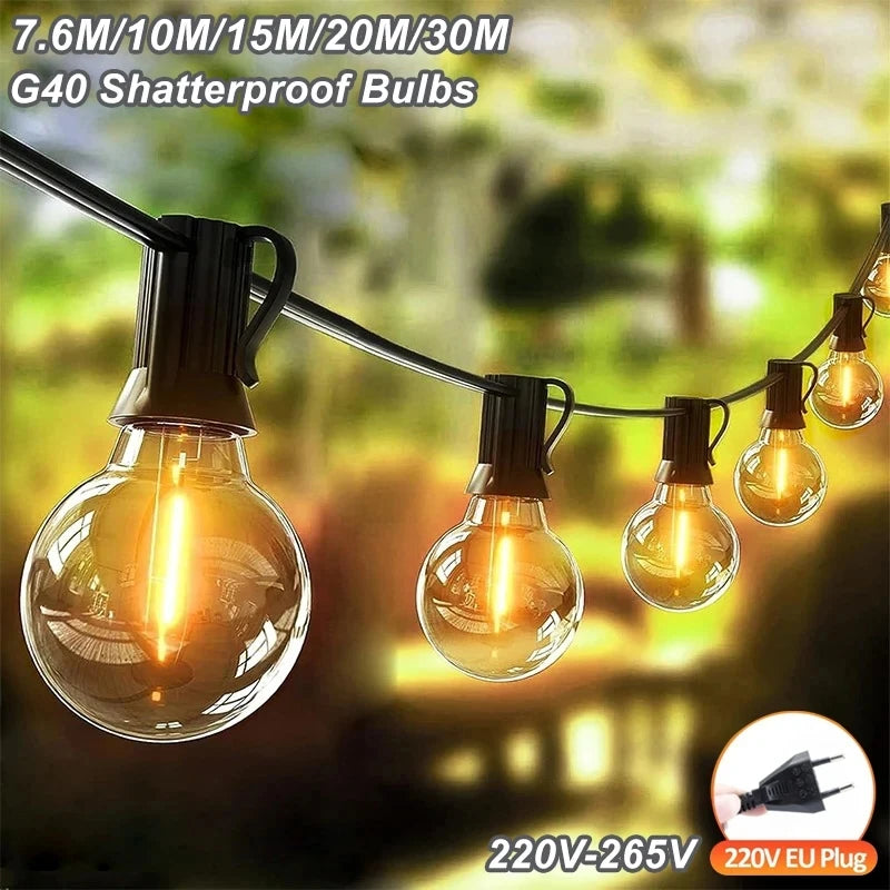 ភ្លើងខ្សែ LED ក្រៅផ្ទះ G40 អំពូលភ្លើង Patio ដែលអាចបន្ថយពន្លឺបាន ភ្លើងខ្សែព្យួរការពារទឹកជ្រាប ជាមួយអំពូលពណ៌សក្តៅ ធន់នឹងការបែក