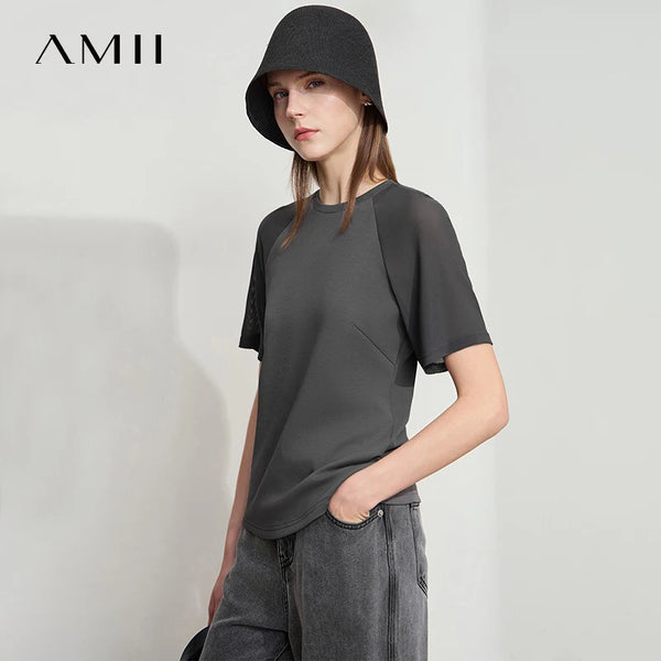 Amii Women Minimalist Summer Top 2026 New Style Versatile O-Neck Mesh Yarn Air Layer Slim Fit Slimming Casual T-Shirt 12522152