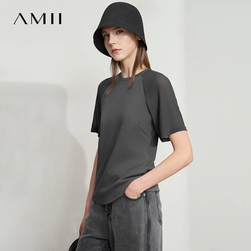 Amii Women Minimalist Summer Top 2026 New Style Versatile O-Neck Mesh Yarn Air Layer Slim Fit Slimming Casual T-Shirt 12522152