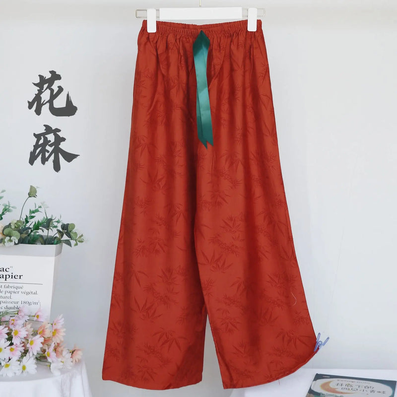 Spring Fall Cotton Linen Jacquard Sleepwear Retro Wide Leg Pants Casual Loose Versatile Home Pant Women Pajamas Trousers