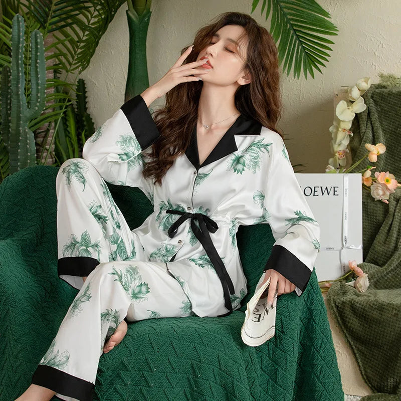 ឈុតខោ pajamas ស្ត្រីបោះពុម្ពទាន់សម័យ អាវកាឌីហ្គែន អាវក្រៅ អាវសូត្រសាទីនថ្មី ឈុតគេង Pijama អាវដៃវែង សម្លៀកបំពាក់នៅផ្ទះពេលយប់