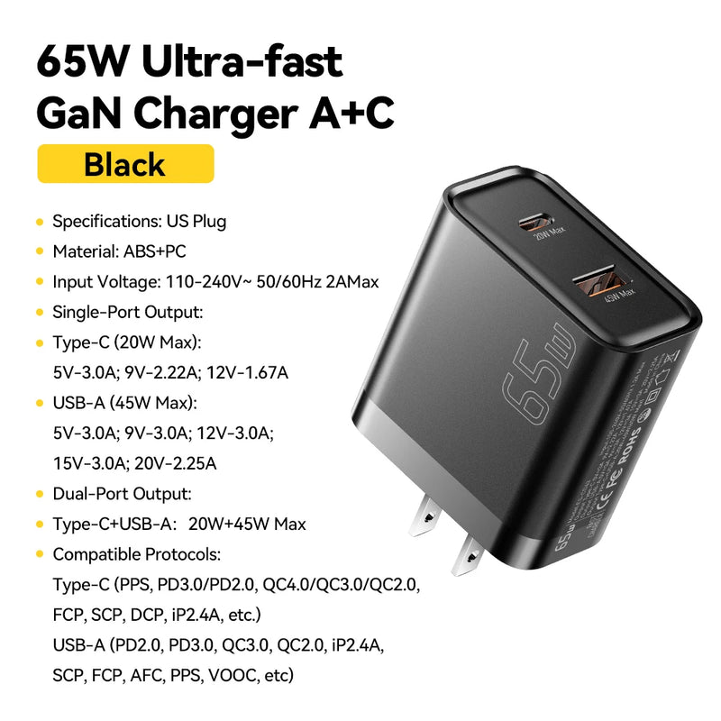 Essager 65W USB Type C GaN Charger QC 4.0 PD 3.0 Fast Charger for iPhone 16 15 14 13 Pro Max Samsung S24 Xiaomi MacBook Laptop