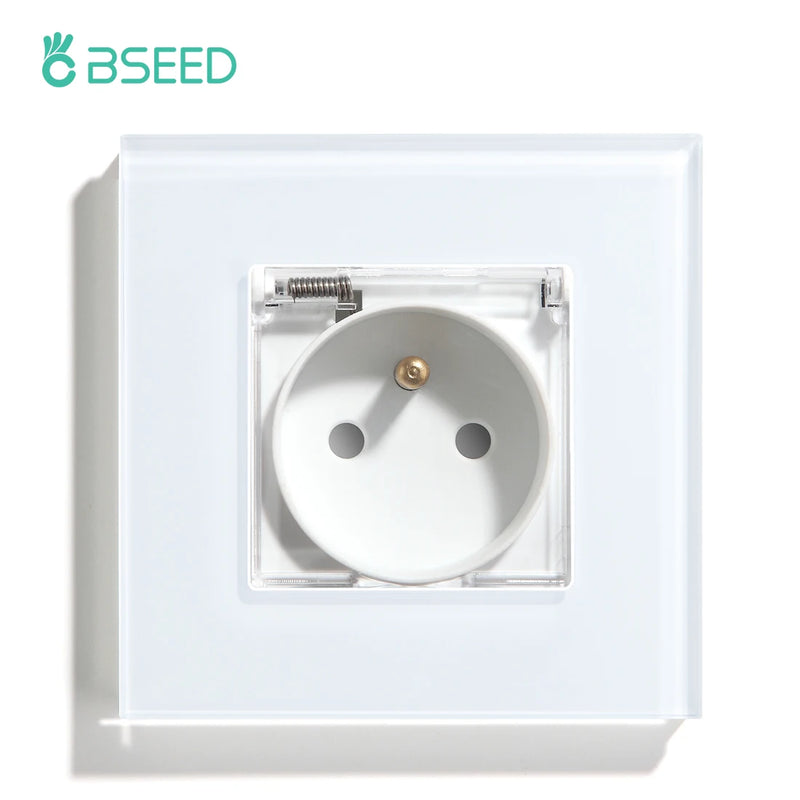 BSEED FR Standard Single Socket With Waterproof Cover Double Wall  French Outlets Triple Power Plugs 16A Glass Panel 110-250V
