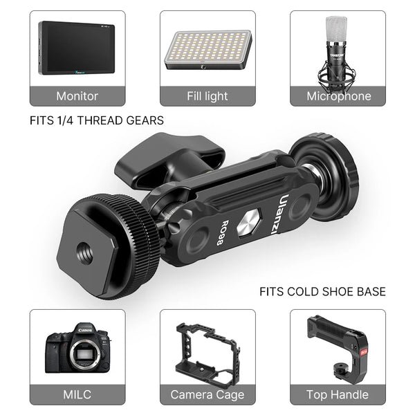Ulanzi R098 ក្បាលបាល់ពីរជាន់ Magic Arm ជាមួយ Cold Shoe Mount វីស 1/4 អ៊ីញ សម្រាប់កាមេរ៉ា DSLR ម៉ូនីទ័រ មីក្រូហ្វូន វីដេអូ ភ្លើង Super Clamp