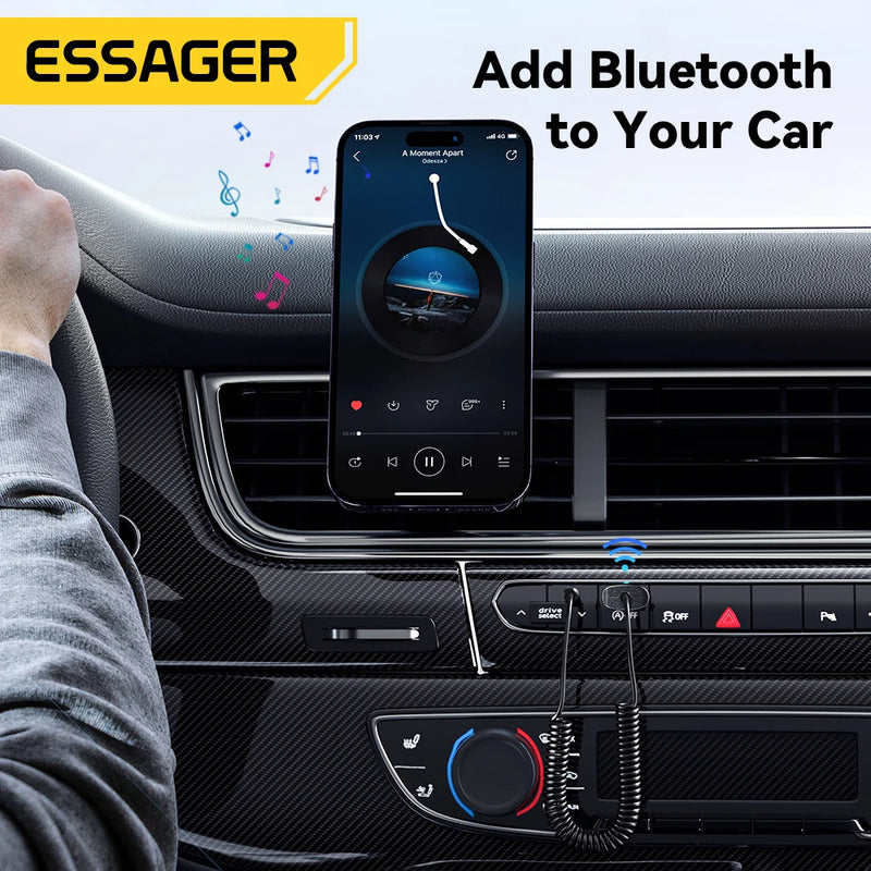 ឧបករណ៍ភ្ជាប់ Bluetooth 5.0 របស់ Essager សម្រាប់ភ្ជាប់ឧបករណ៍បំពងសម្លេងឥតខ្សែក្នុងរថយន្ត ដែលអាចភ្ជាប់ទៅឧបករណ៍បំពងសម្លេងក្នុងរថយន្តបានតាមរយៈ USB ទៅរន្ធដោត 3.5mm។