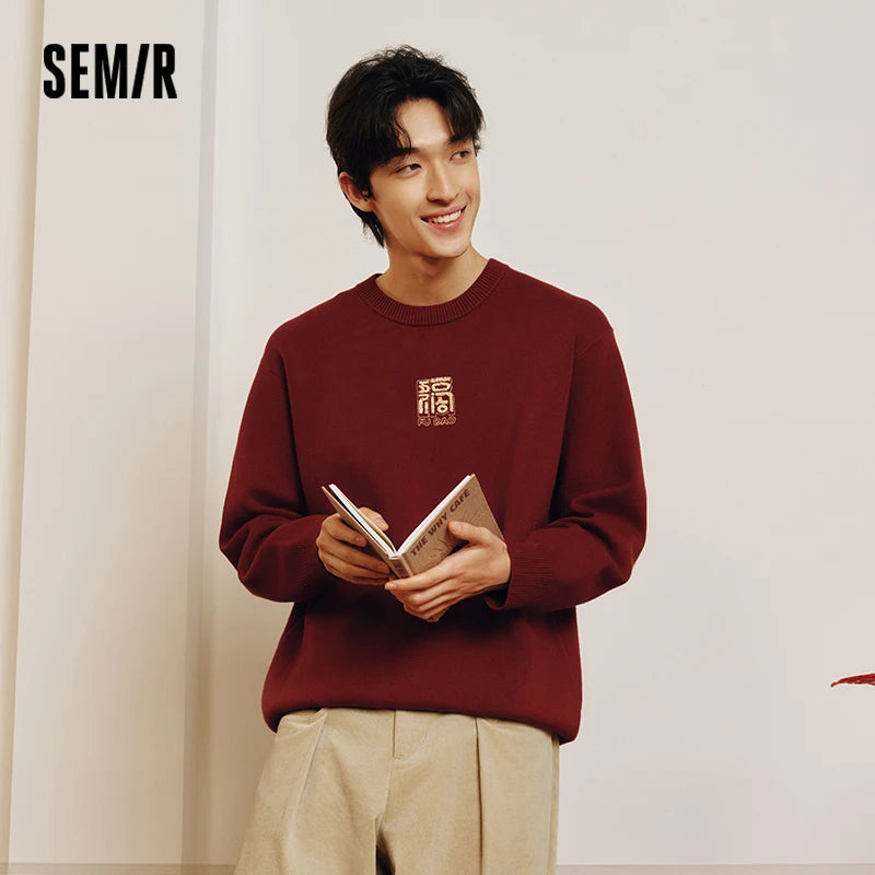 Semir Lucky Sweater Men Spring Five Blessings Pattern Crew Neck Slightly Loose Casual Versatile Knitwear Fashion Top