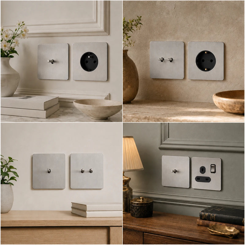 Wall Light Toggle Retro Switch Panel 1-4 Gang 2 Way EU Silver Gray Brushed Stainless Steel Antique Switch Outlet with USB Chargi