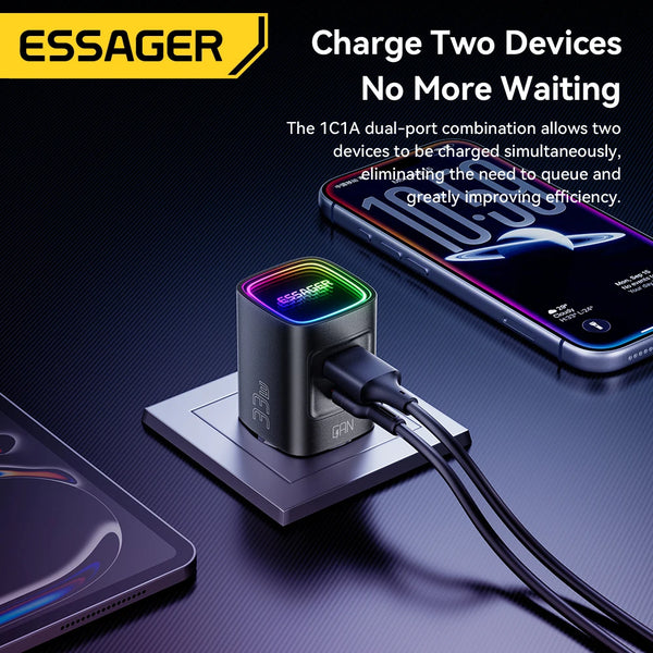 ឆ្នាំងសាក Essager GaN 33W USB Type C ឆ្នាំងសាកចល័ត PD លឿនសម្រាប់ iPhone 17 16 15 14 Pro Max iPad Xiaomi Samsung S25 ឆ្នាំងសាក RGB