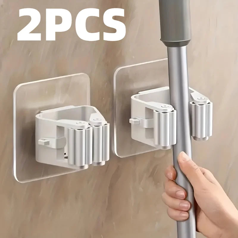 2/4pcs Mop Organizer Holder, Seamless Wall Mounted Mop Clips with No Drill, Strong Adhesive Bathroom Storage Hooks.