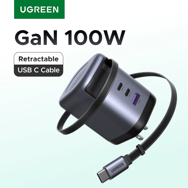 【US Plug】UGREEN 100W/65W/45W GaN Charger With Retractable USB C Cable UFCS PPS PD3.0 For Laptop Macbook Pro iPad Air iPhone 17