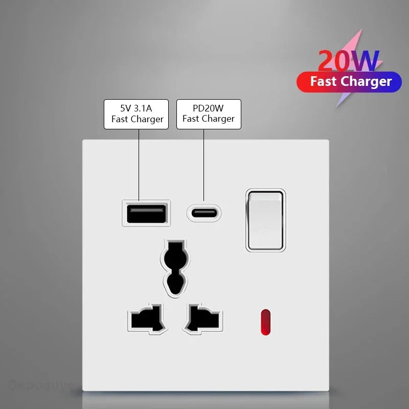 UK Standard Power Socket 13A Quick charge Plug 20W Smart Type-C Wall Outlet,220V Electrical Universal Wall Light 2way Switch