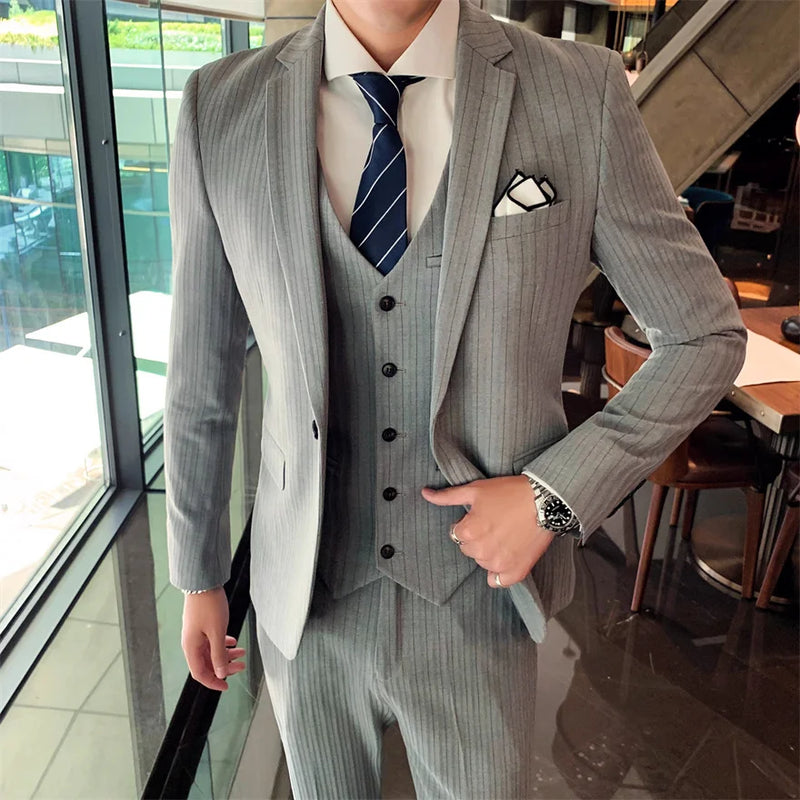 2026 Men Black Classic Striped/Checked Suits, Men's Business Office 3-Piece, Asian Size Slim Fit Sets, Blue/Gray Available