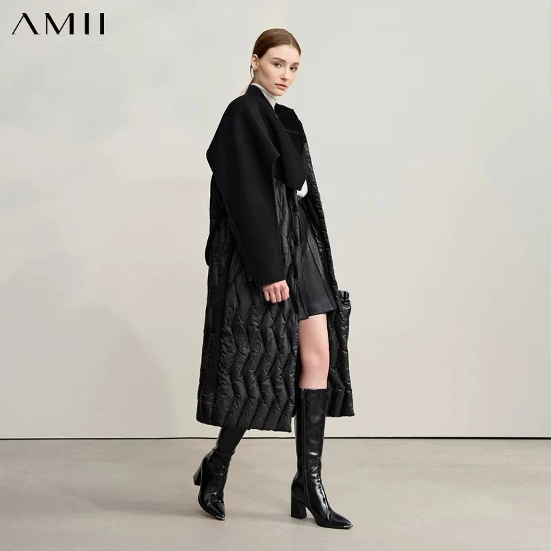 AMII Down Jacket Women 2026 Winter New Loose Long Patchwork Wool Women's Clothing With Belt Warm Winter Coat Female 12524037