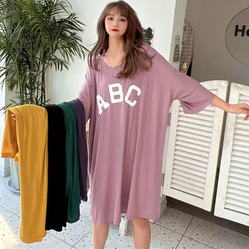 Fdfklak Casual Loose Night Dress Women Modal Comfortable Nightshirt Female Letter Sleepshirt Spring Summer Nightgowns 50-110 KG