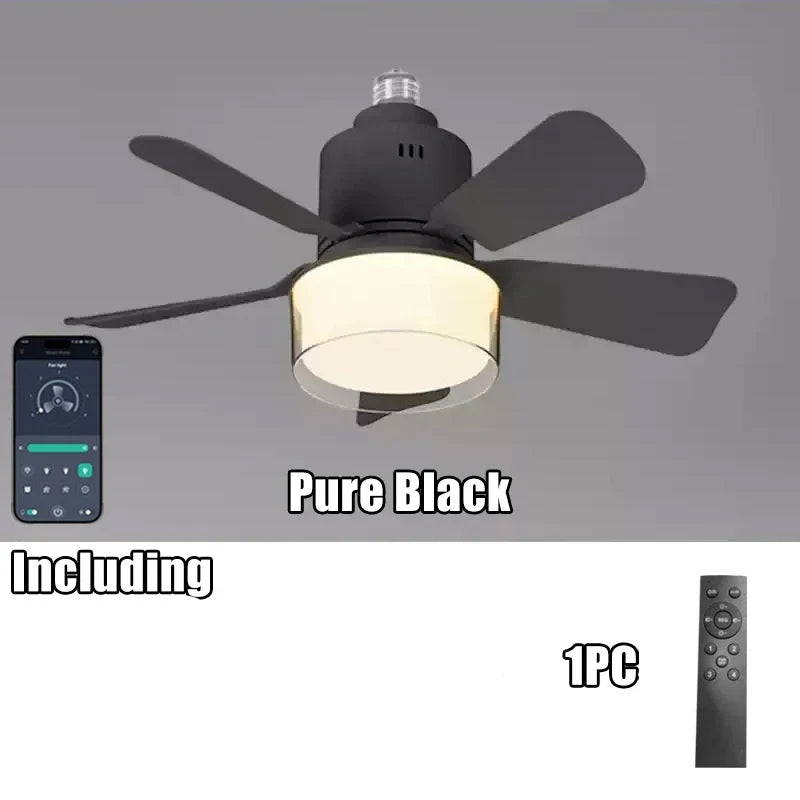 កង្ហារពិដានឆ្លាតវៃ E27 អំពូល LED APP បញ្ជាដោយប៊្លូធូស 3 ល្បឿន កង្ហារពិដានស្ងាត់ អាចបន្ថយពន្លឺបាន សម្រាប់ការតុបតែងបន្ទប់គេង