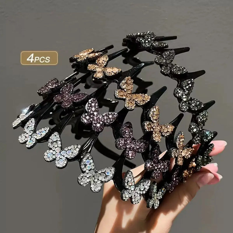 Rhinestone Butterfly Wavy Headband Fashion Sparkling Korean Style Anti-slip Toothed Headband Face Washing Hair Accessories Women
