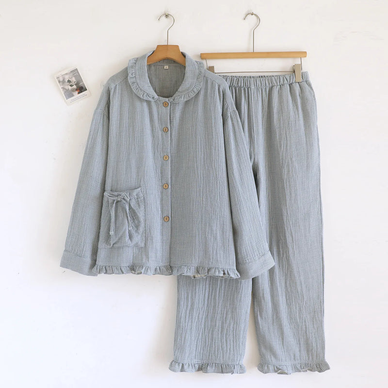 Pure Cotton Plaid Long-Sleeved Pyjamas Women's Loungewear Suit Spring Autumn Home Clothes Comfortable Sleepwear Soft Pajamas