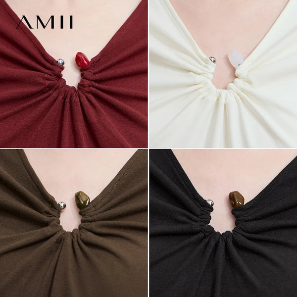 AMII 2026 Autumn Minimalism Solid V-neck T-Shirt Office Lady Long Sleeves Basic Slim Detachable Design Women Clothing 12523066