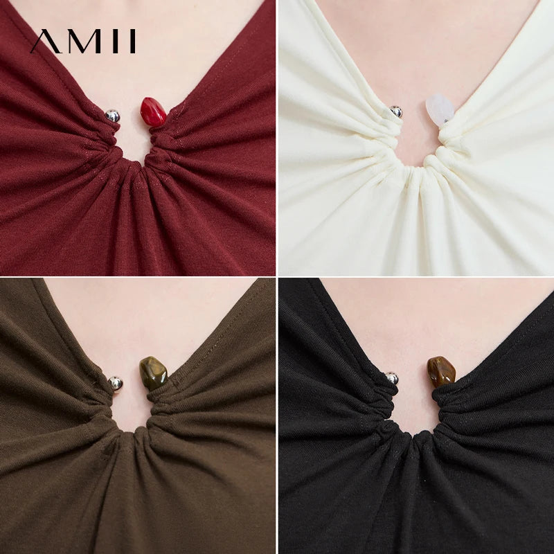 AMII 2026 Autumn Minimalism Solid V-neck T-Shirt Office Lady Long Sleeves Basic Slim Detachable Design Women Clothing 12523066