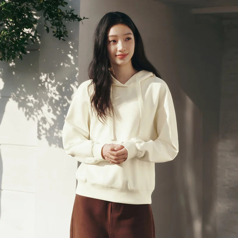Semir Embroidered Hoodie Women Spring Hooded Loose Split Design Minimalist Gentle Style Casual Comfortable Pullover