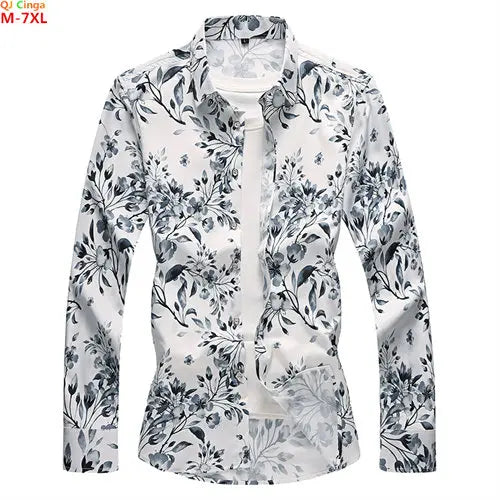 Asian Size Small Stretch Men' Long Sleeve Printed Shirts, Fashion Casual Flower Shirt, Single Breasted Square Collar Tops Camisa