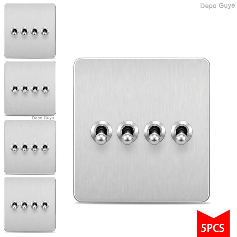 5/10PCS Toggle Wall Switch Grey Stainless Steel ,1/2/3/4 Gang 2Way Light Brass Lever Switch Panel For Home Improvement