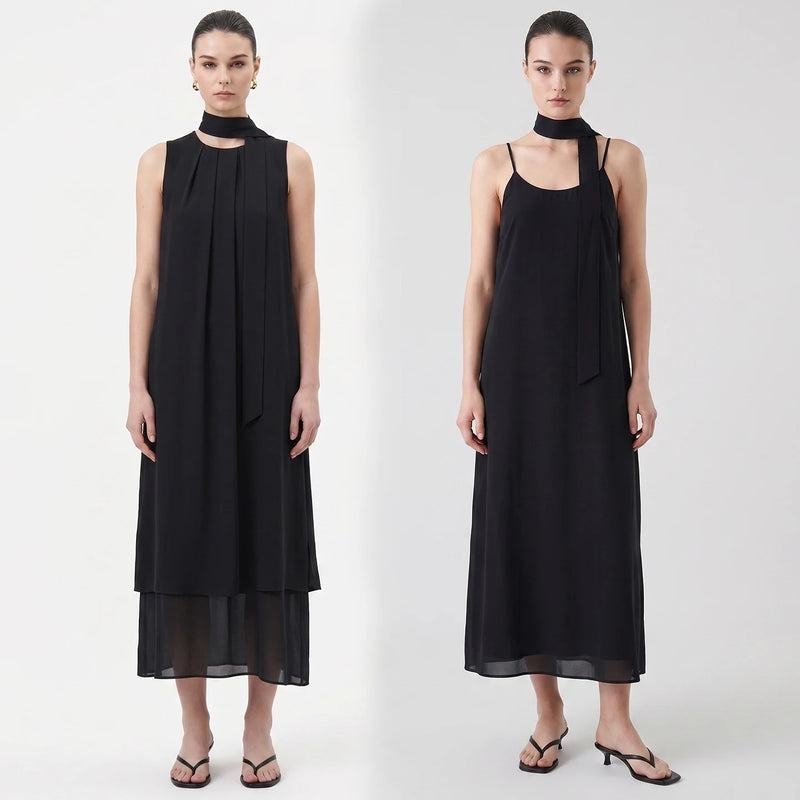 Amii Chiffon Women's Dress 2026 Summer New Tie Neck Spaghetti Strap Two-Piece Set Holiday Casual Slip Dress for Women 12652076