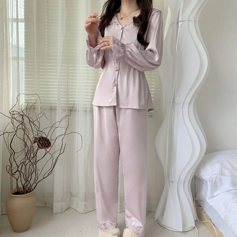 2Pcs Sleepwear Women's Pajamas New Solid Color Loungewear for Spring Autumn Long Sleeves Nightwear for Woman Home Clothing Set