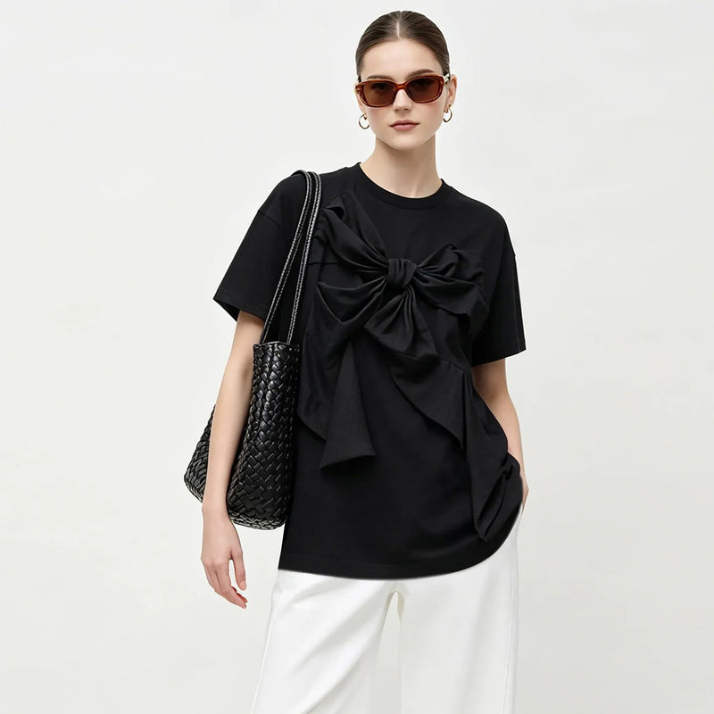 Amii Women Round Neck Black Pure Cotton T-Shirt Casual Short Sleeve Loose Fit Tee 3D Bow Applique Top 2026 Summer New 12642127