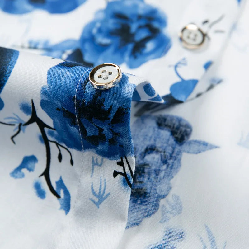 2026 Spring Men's White Long-Sleeve Printed Shirts, Blue Single-Button Collar Stretch Cotton Shirt, Asian Sizes M-5XL, 6XL, 7XL.