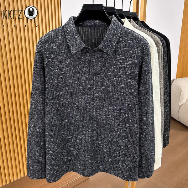 Premium Mens Knitted Polo Long Sleeve Tops Fine Rib Texture Stretch Fabric Turn Collar For Daily And Business Occasions