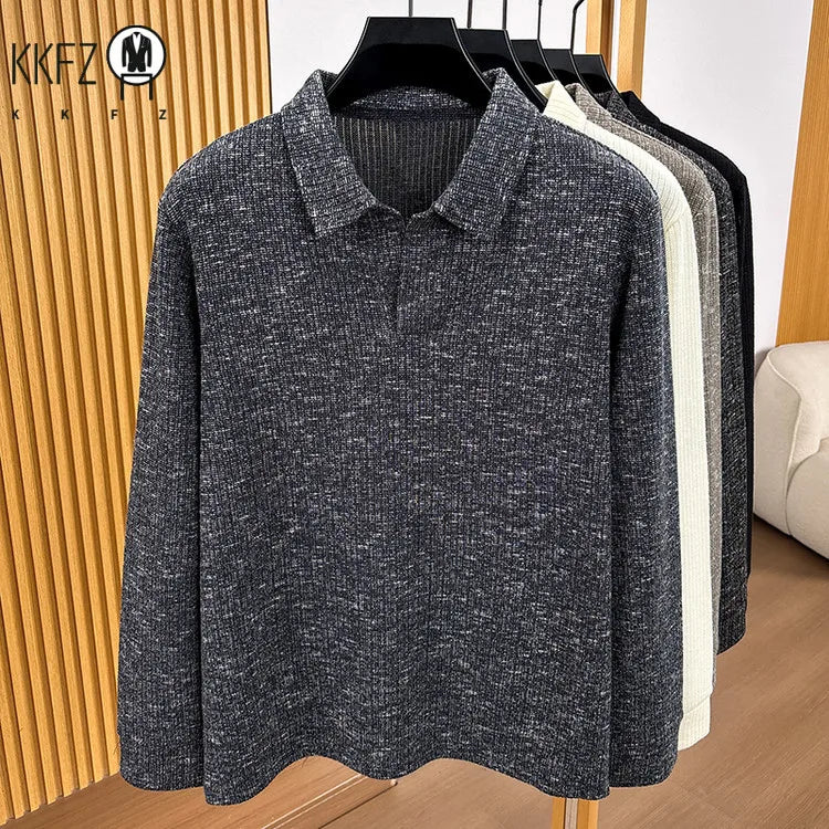 Premium Mens Knitted Polo Long Sleeve Tops Fine Rib Texture Stretch Fabric Turn Collar For Daily And Business Occasions