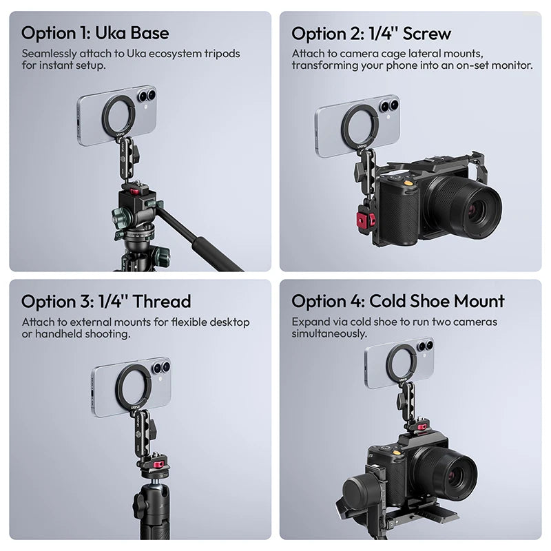 Ulanzi MA56 ម៉ាញេទិក 4-in-1 MagLock ជើងទ្រទូរស័ព្ទលើកាមេរ៉ា សម្រាប់ Iphone 17 Android Dual 360° Rotation 1/4" Cold Shoe