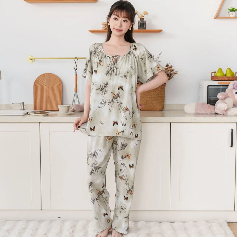 Thin Summer Wear Short Sleeve Home Suit For Women Pajamas Ladies Two-piece Set Pyjama Femmes Floral 2PCS Women's Pajamas Set