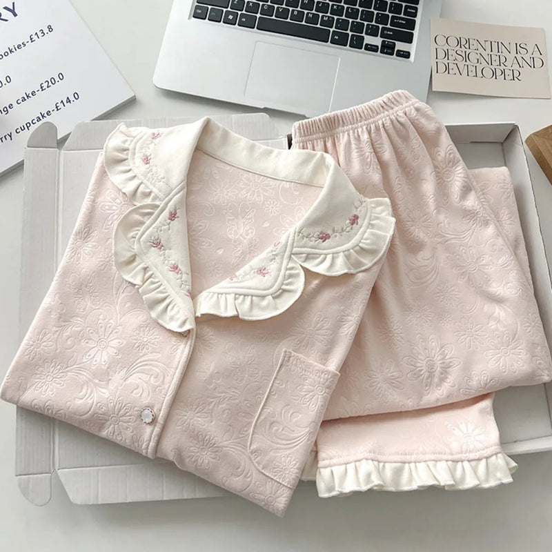 Casual Homewear Sprinmg Autumn Long Sleeve Trousers Ladies Pajamas Suit Lapel Top 2 Piece Set Sleepwear Women's Home Nightwear