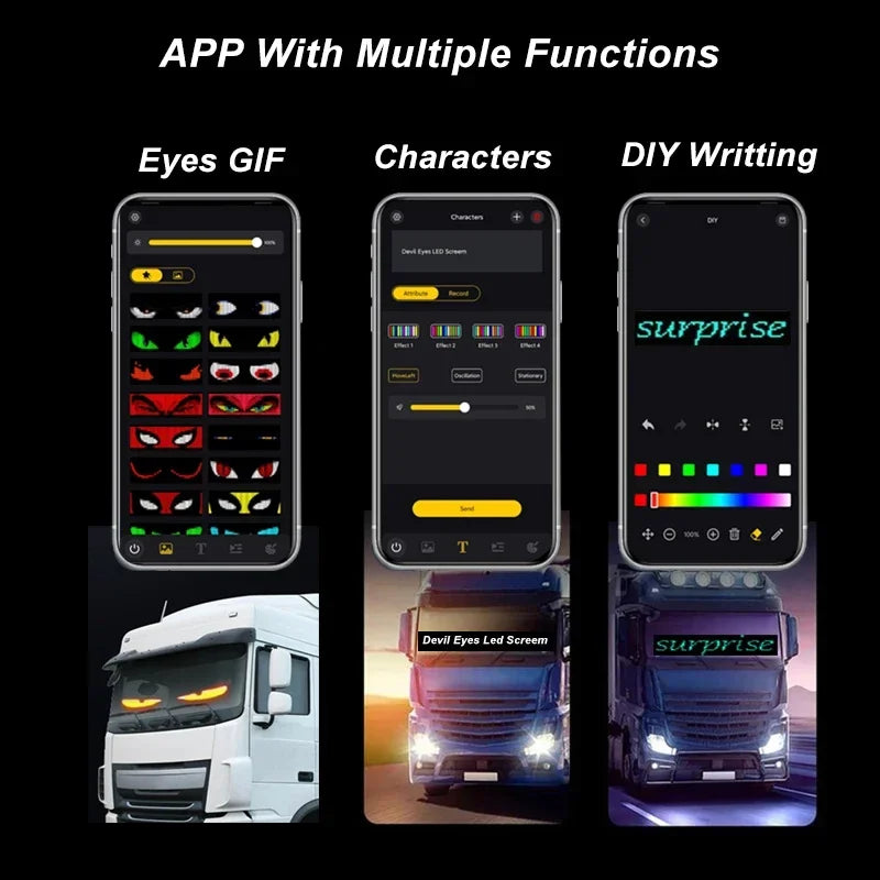 ភ្លើងអេក្រង់ LED Panel APP Control 1.2-2M Matrix Animation Devil's Eyes Display Screen Light សម្រាប់តុបតែងកញ្ចក់រថយន្តដឹកទំនិញ