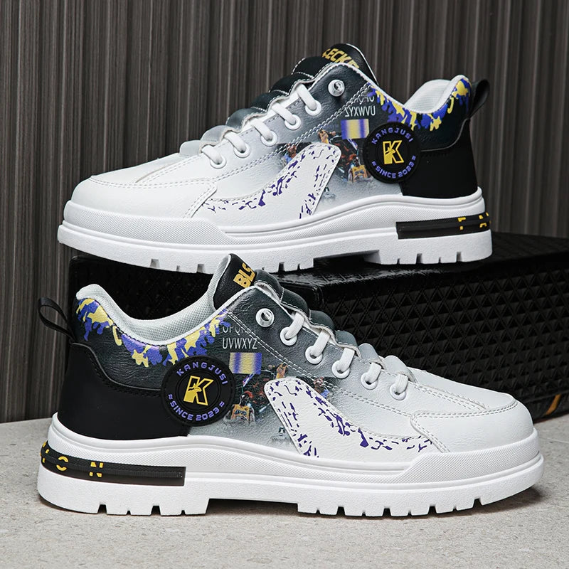 Mens Skateboard Shoes 2025 New Street Trendy Comfort Flat Outdoor Leisure Sneakers Leather Casual Lace-up Walking Shoes for Men