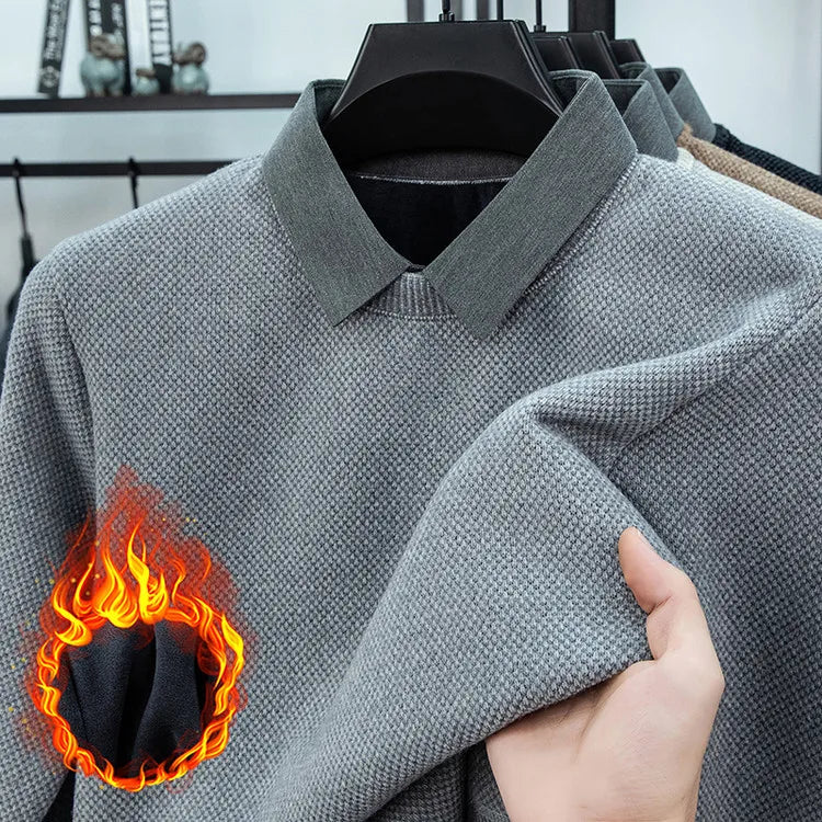 Men's Warm Two-Layer Sweatshirt with Sherpa Lining - Casual Autumn Winter Wear for Daily Outings Shirt Collar Pullover