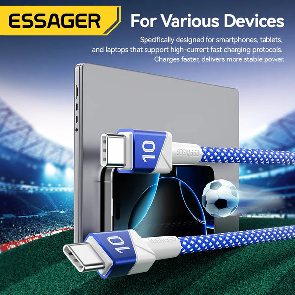 ខ្សែសាក ESSAGER 100W 5A USB C ទៅ USB C សម្រាប់ iPhone 17 16 15 14 Pro Max MacBook iPad Laptop សាកថ្មលឿន ក្រុមបាល់ទាត់ ពណ៌ ខ្សែ