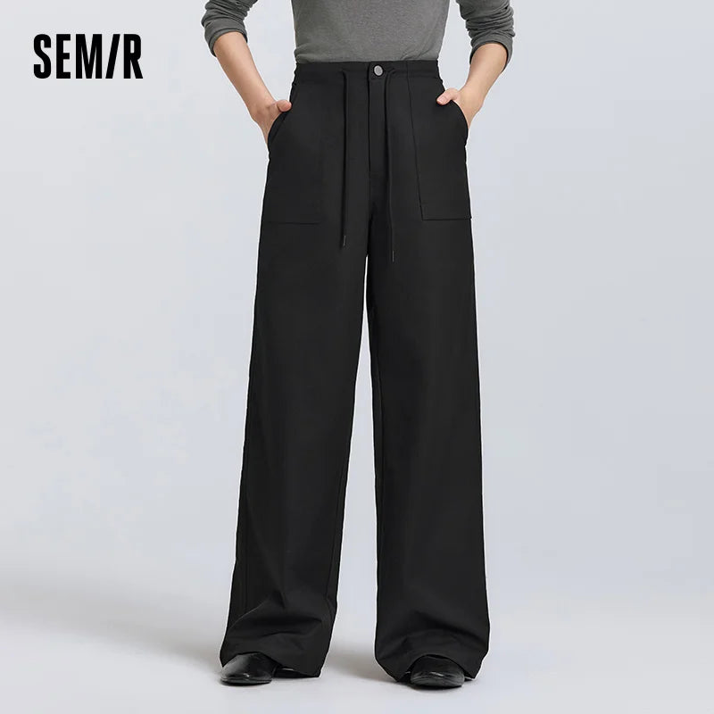 Semir Trendy Pants Women 2026 Spring Black Drawstring Wide Leg Slouchy Casual Comfortable Daily Wear Long Trousers