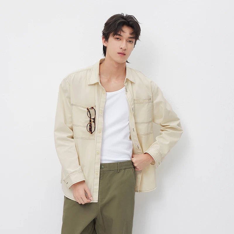 Semir Cargo Shirt Men Long Sleeve Cotton Twill Loose Lapel Fleece Casual Commute Daily Wear Spring Fashion Comfort Top