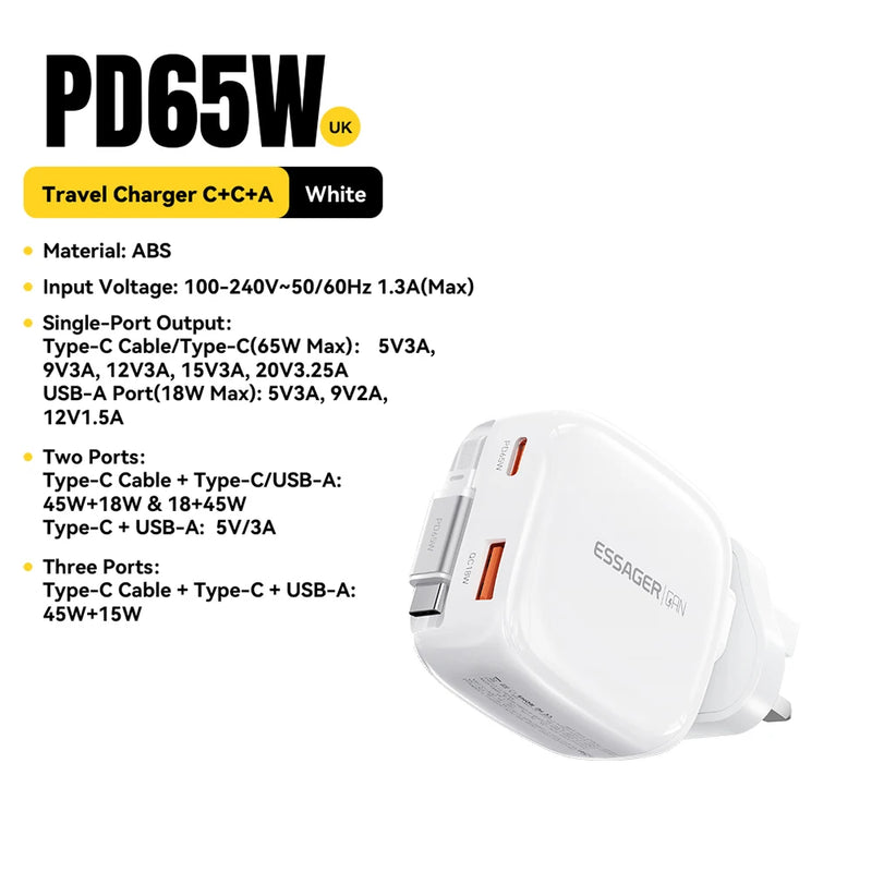 ឆ្នាំងសាក Essager 65W GaN Pro ជាមួយខ្សែប្រភេទ C ដែលអាចដកថយបាន 3 ក្នុង 1 ឆ្នាំងសាកធ្វើដំណើរលឿនសម្រាប់ iPhone 17 16 Pro Samsung Laptop Macbook