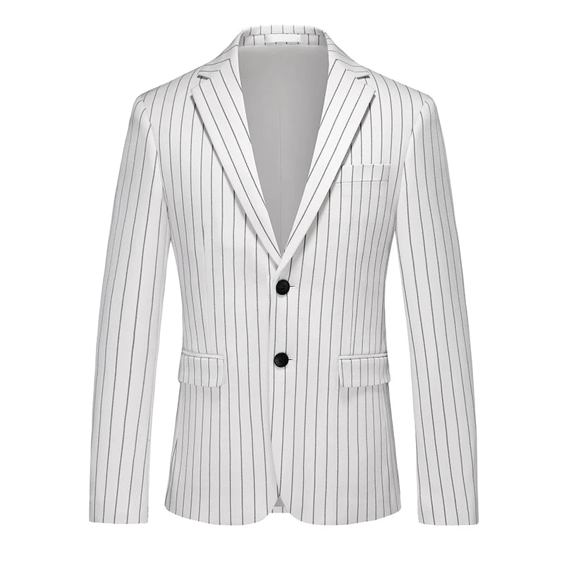 Men's Vertical-Striped Blazer, Perfect for Weddings, Parties, and The Office. Asian Sizes. White, Black, Blue, Gray, Red, Brown.